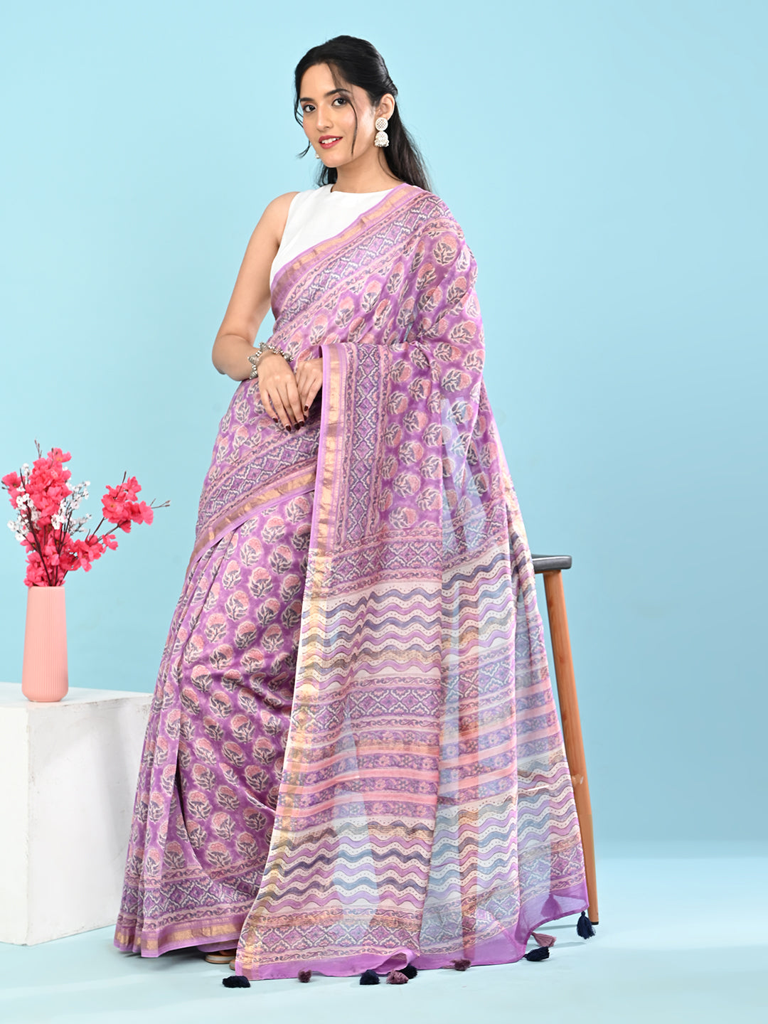 Marupushpa Purple Block Print Saree