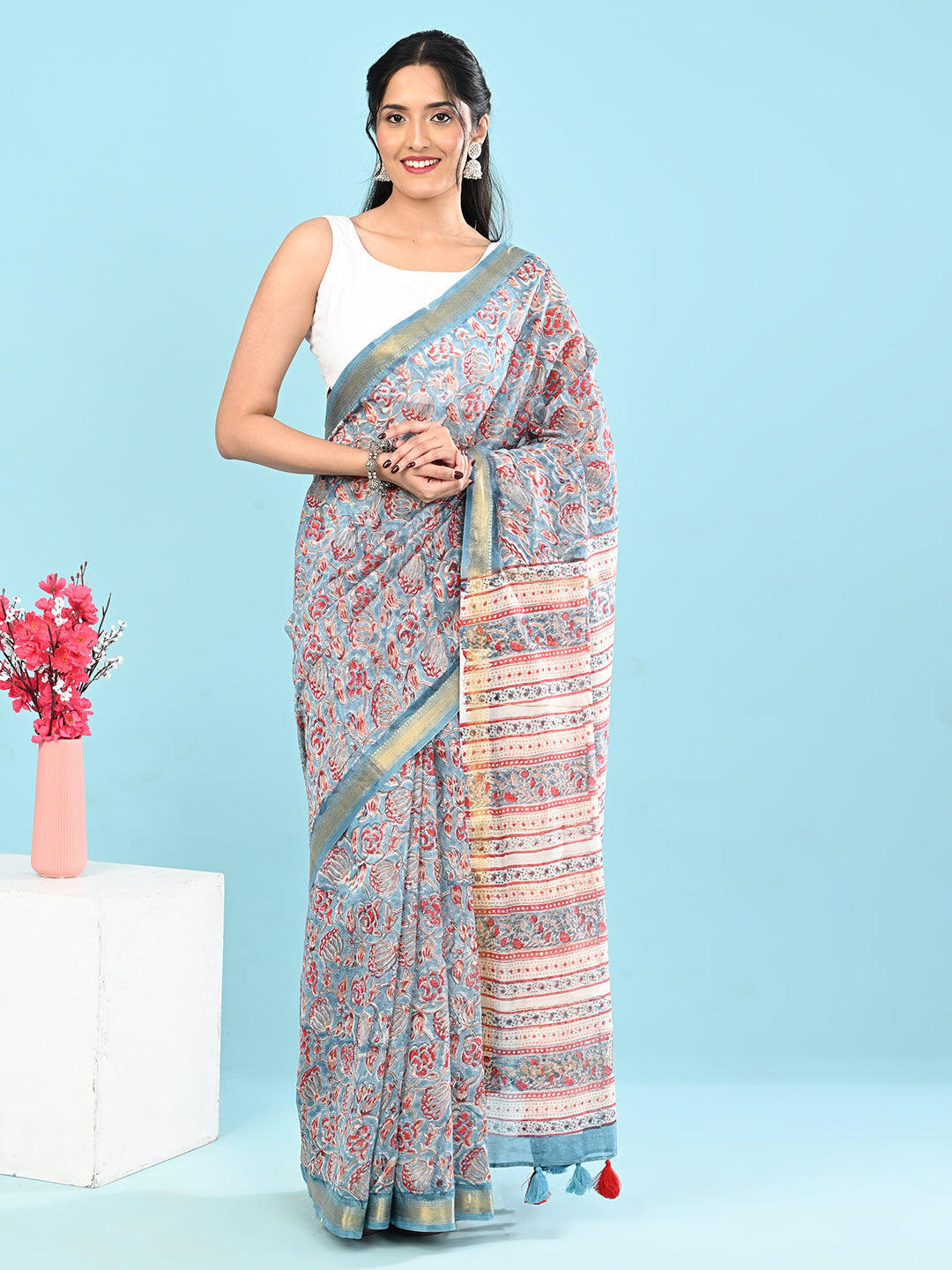 Marupushpa Blue Block Print Saree