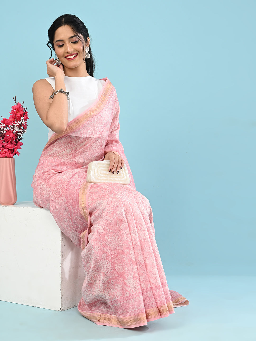 Marupushpa Pink Block Print Saree