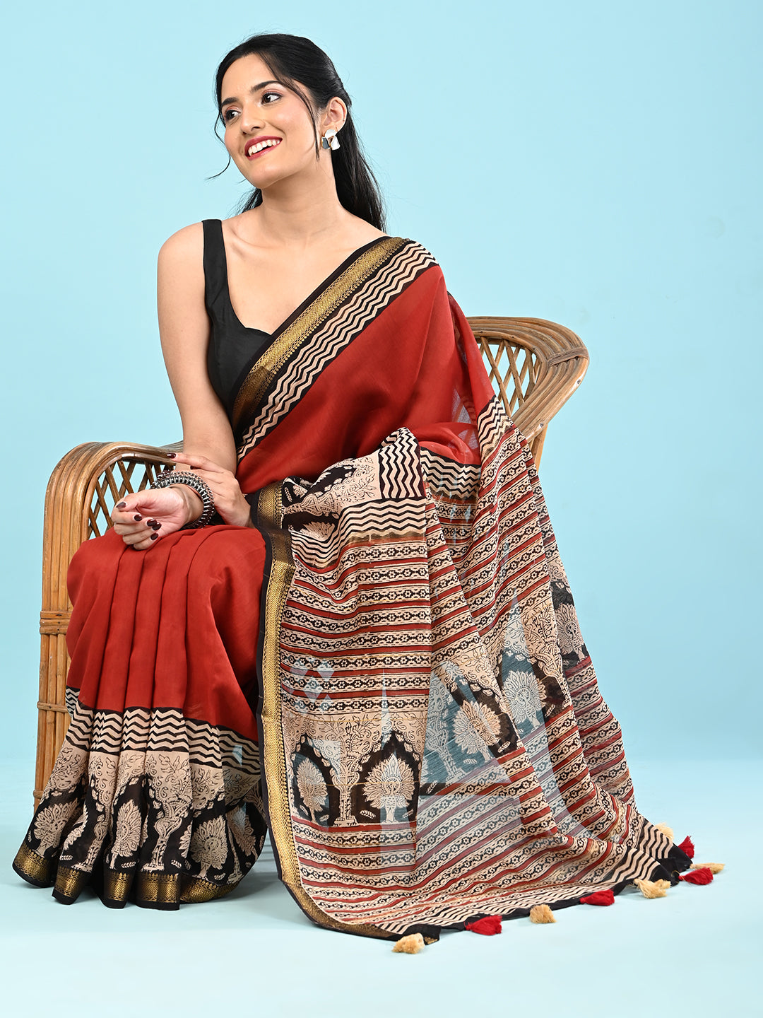Pushpavali Red Block Print Saree