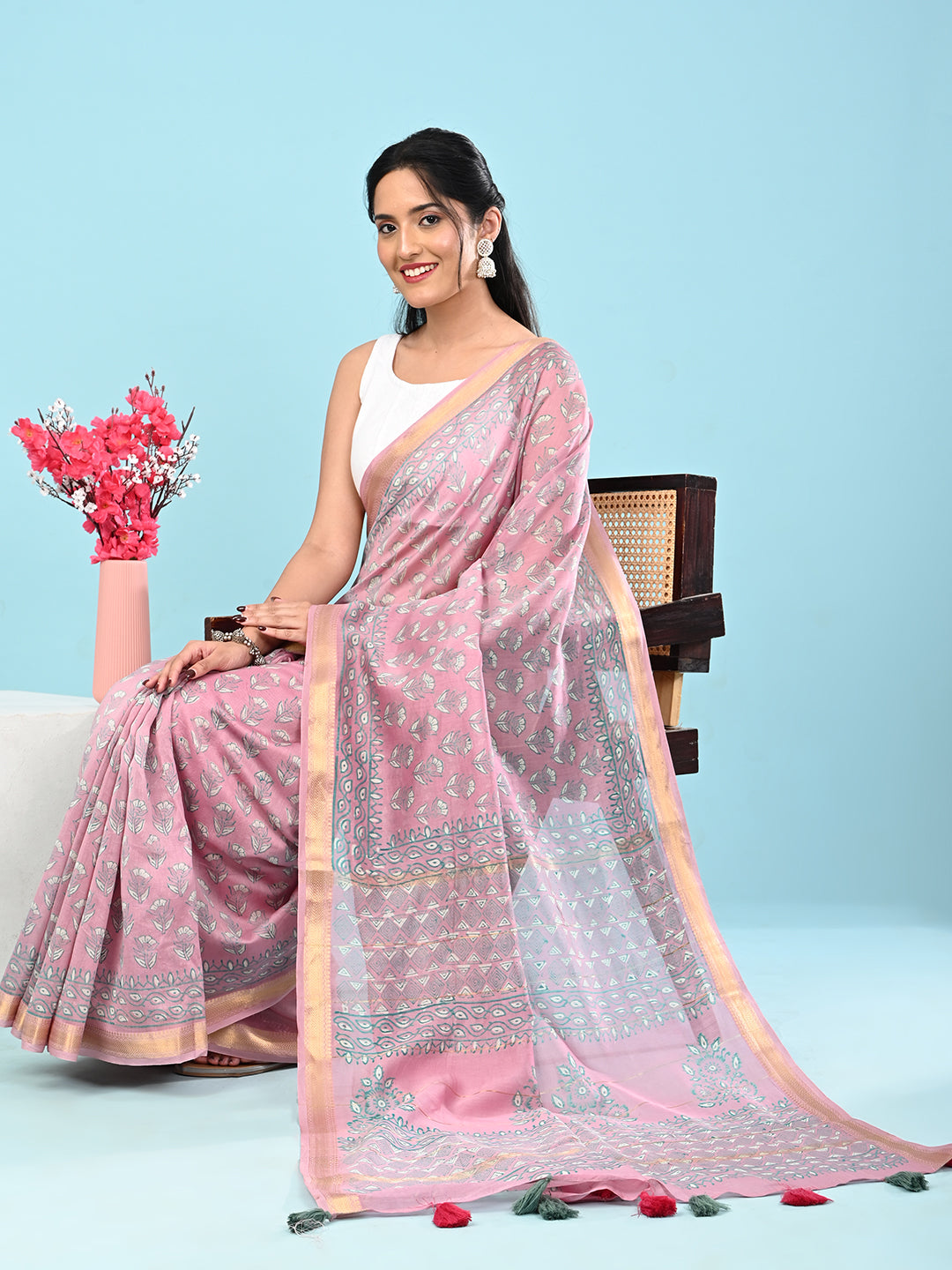 Marupushpa Pink Block Print Saree