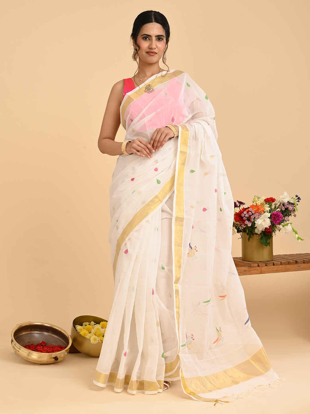 Popat White Venkatagiri Saree
