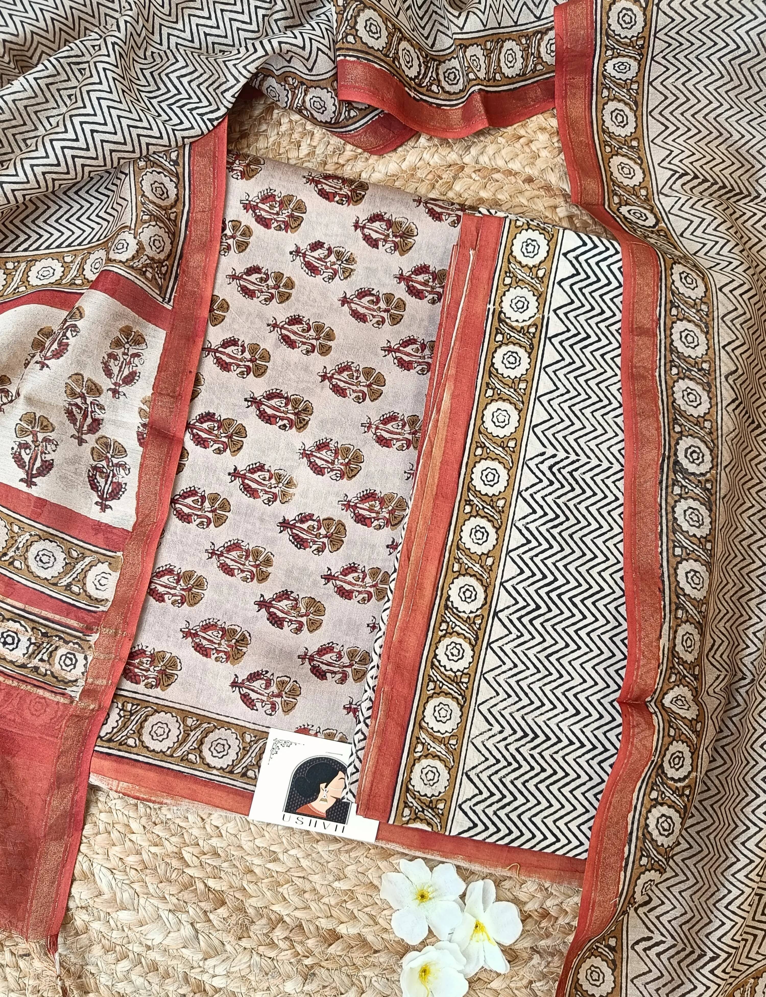 Zhanak Khaki Bagru Dress Material