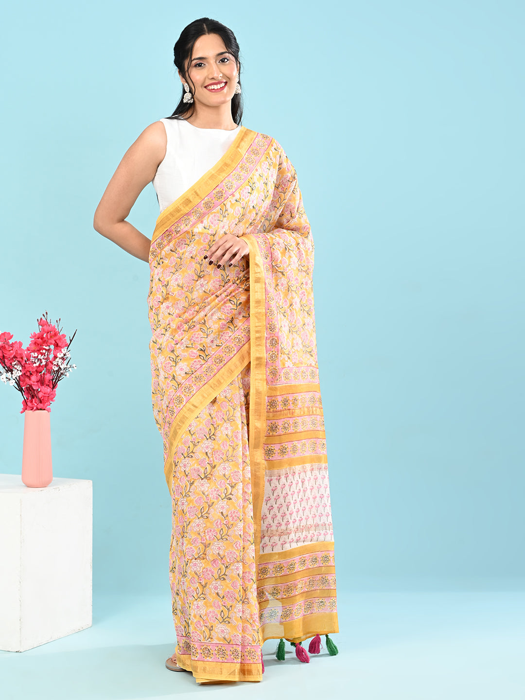 Marupushpa Yellow Block Print Saree