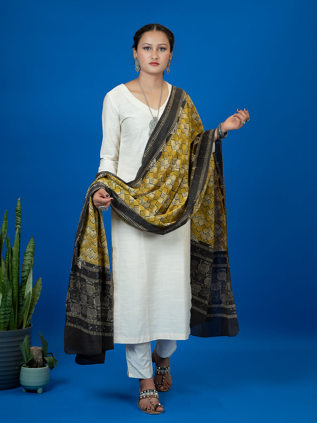 Kapas Mustard Ajrakh Dupatta