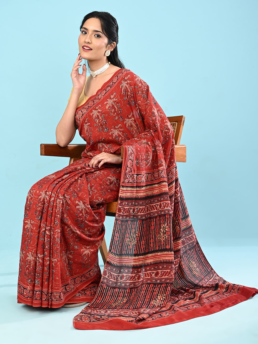Sunheri Red Ajrakh Saree