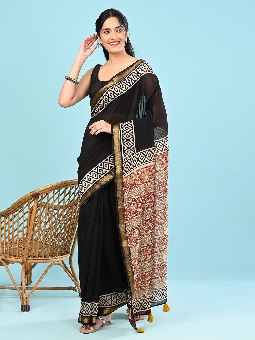 Pushpavali Black Block Print Saree