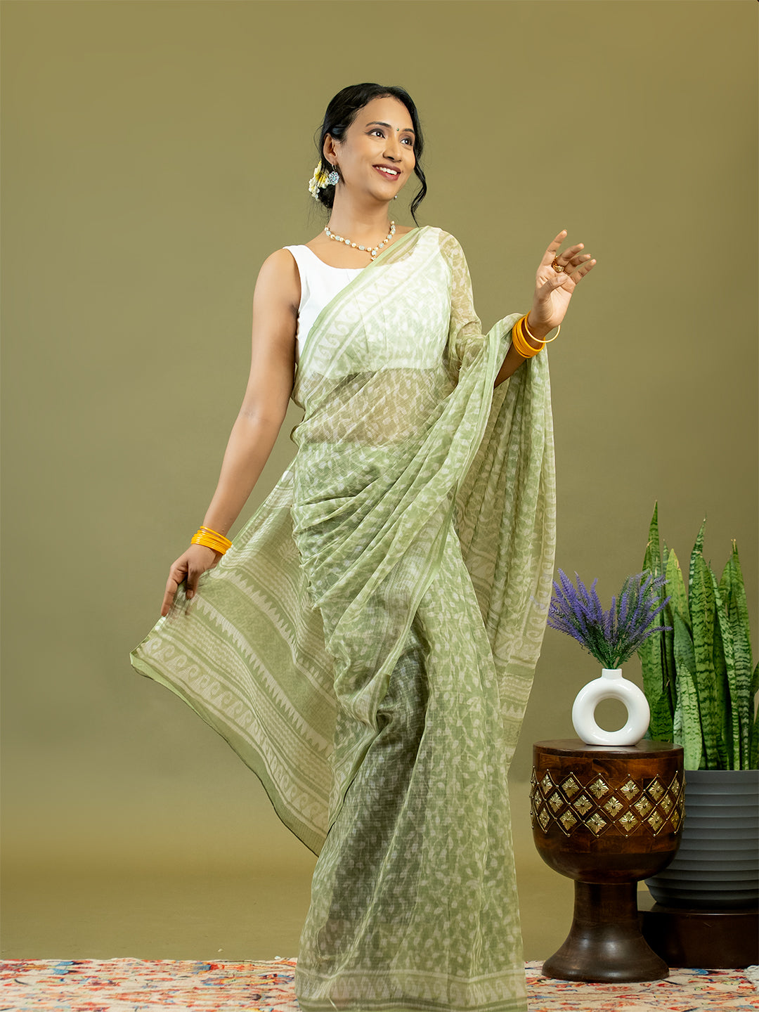 Vistaar Lime Green Dabu Saree