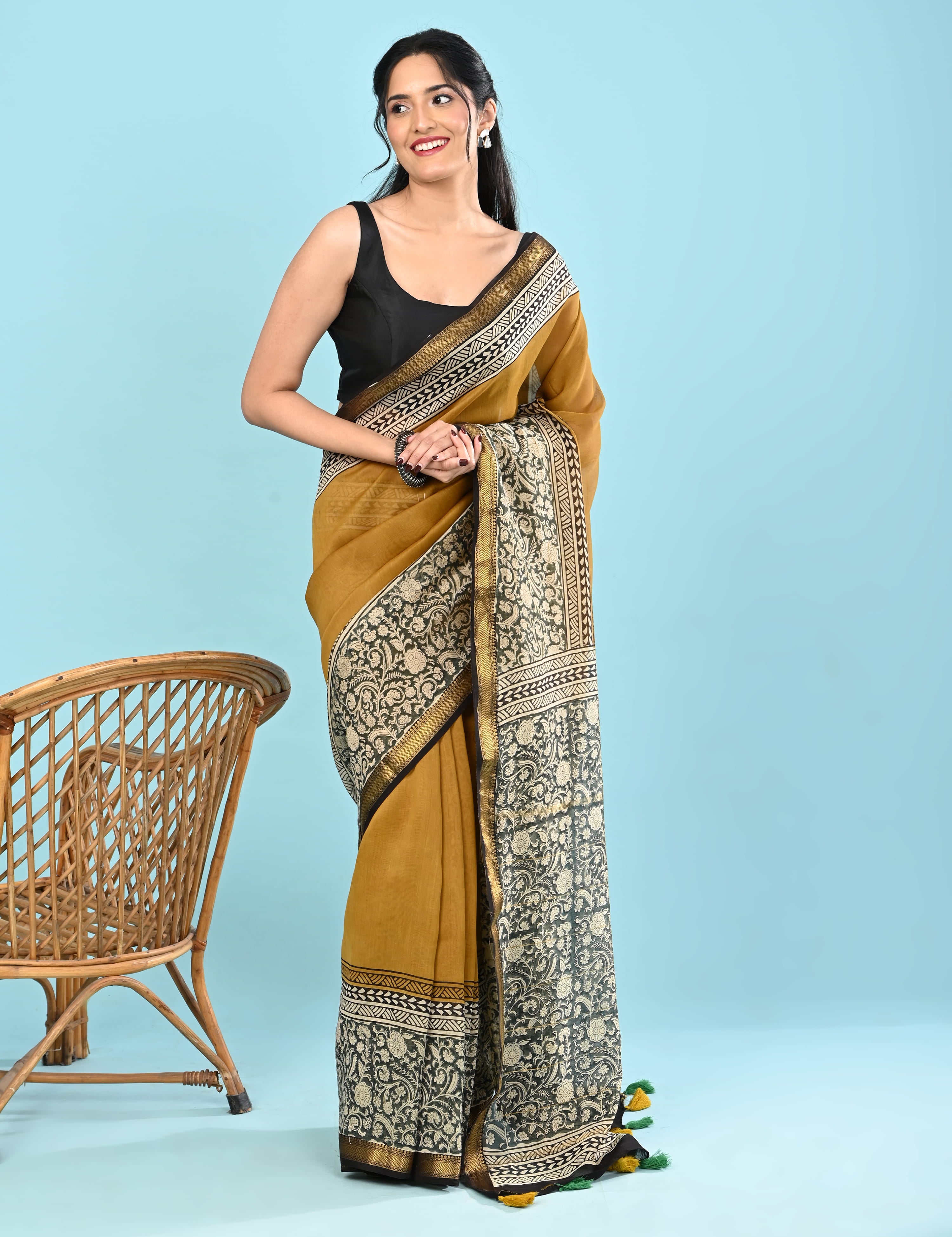 Pushpavali Mustard Block Print Saree