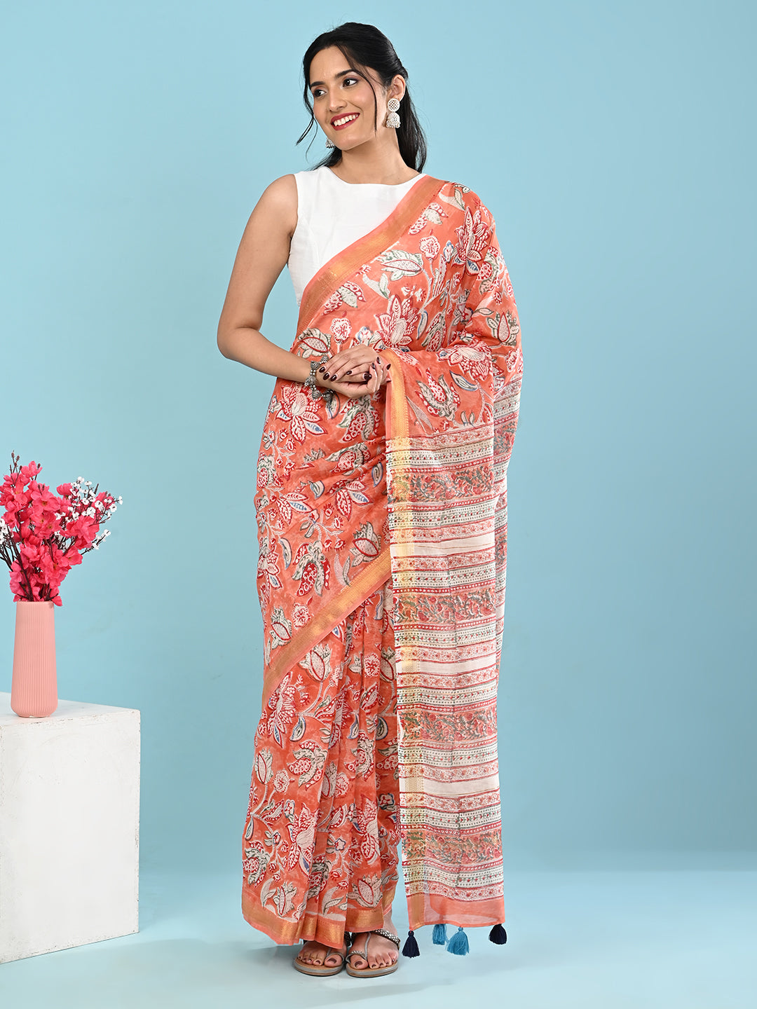 Marupushpa Coral Block Print Saree