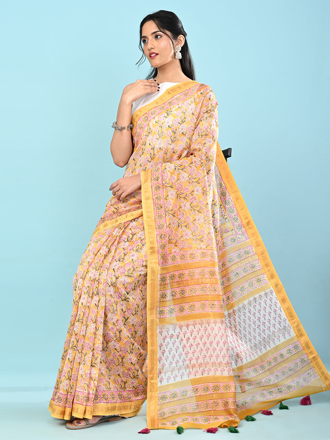 Marupushpa Yellow Block Print Saree