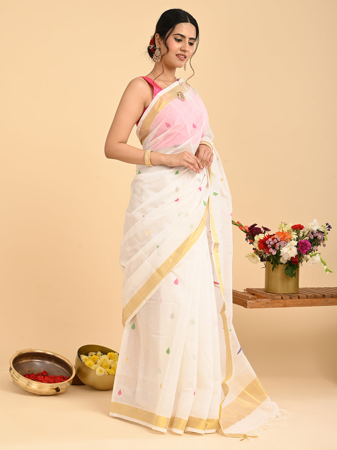 Popat White Venkatagiri Saree