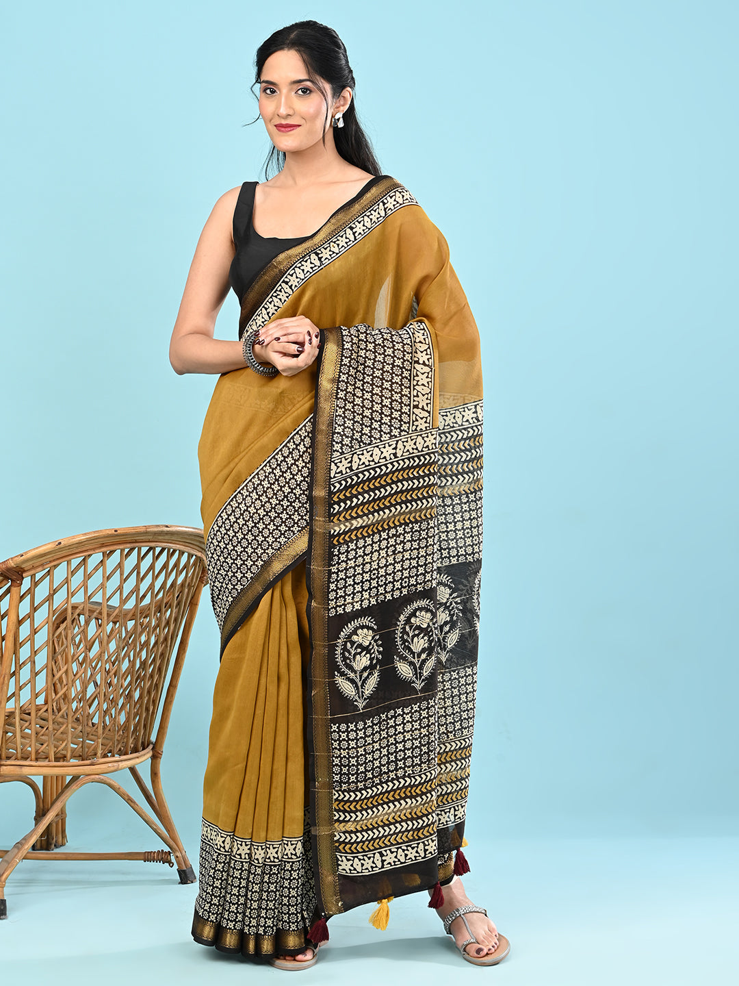 Pushpavali Yellow Block Print Saree