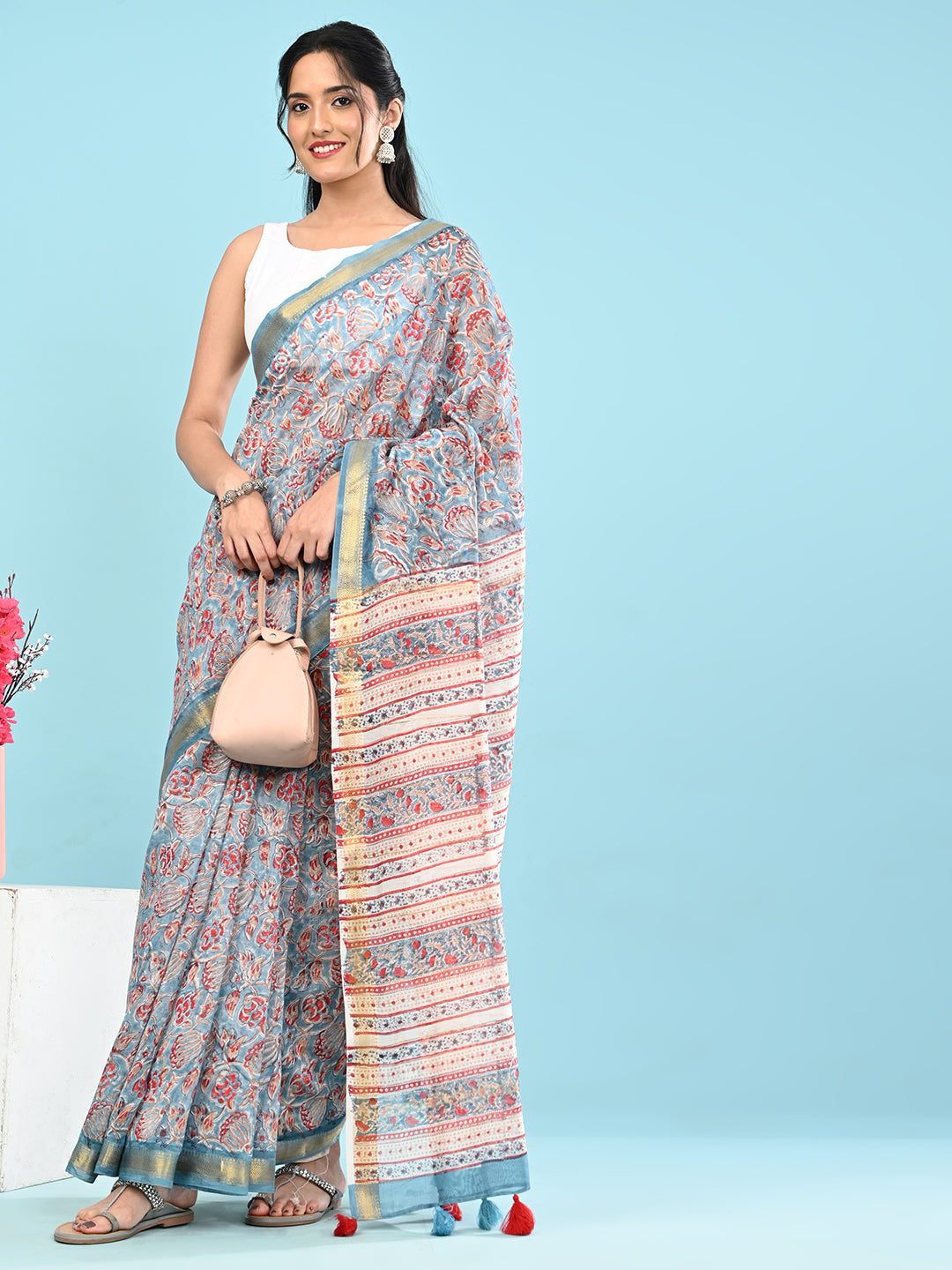 Marupushpa Blue Block Print Saree