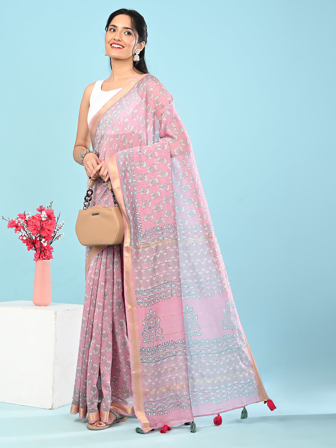 Marupushpa Pink Block Print Saree