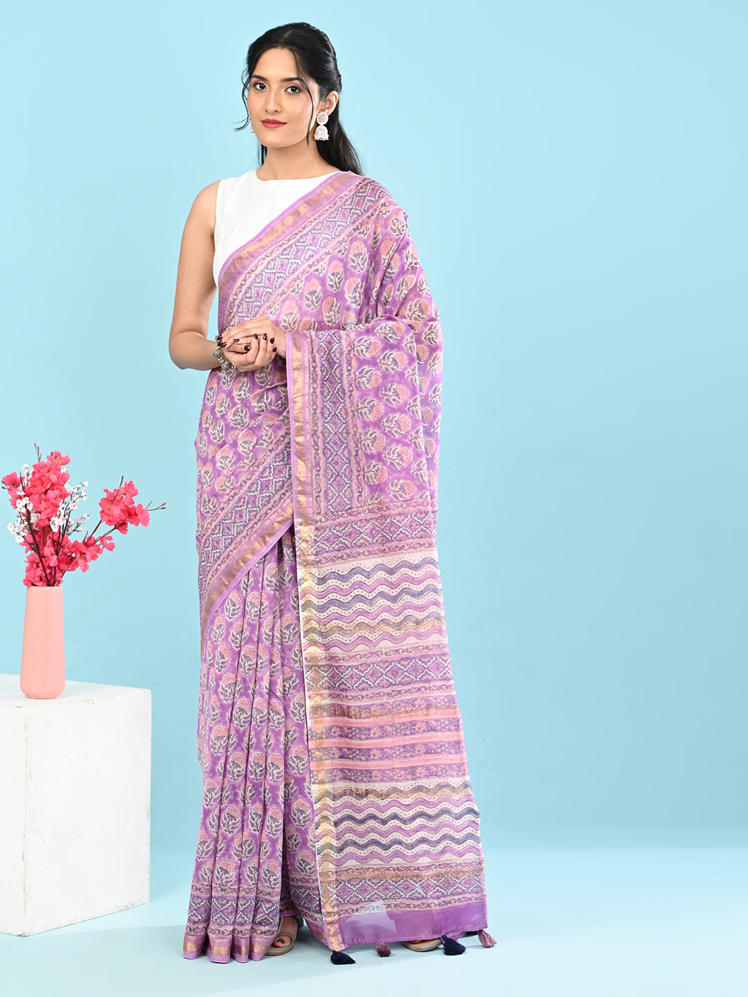 Marupushpa Purple Block Print Saree