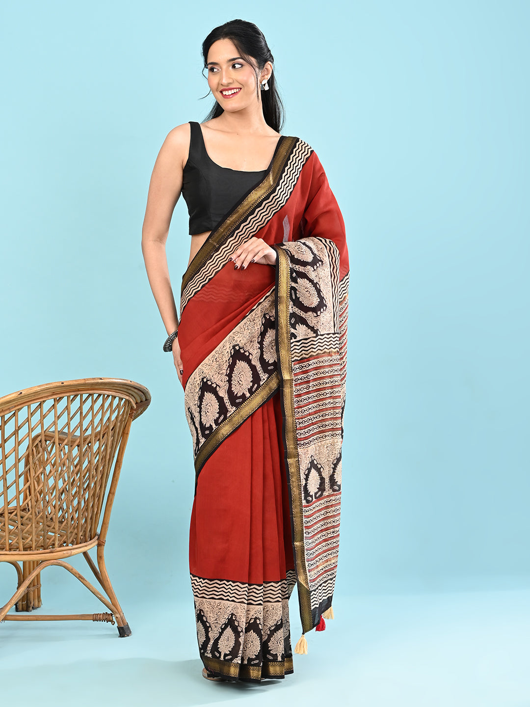 Pushpavali Red Block Print Saree