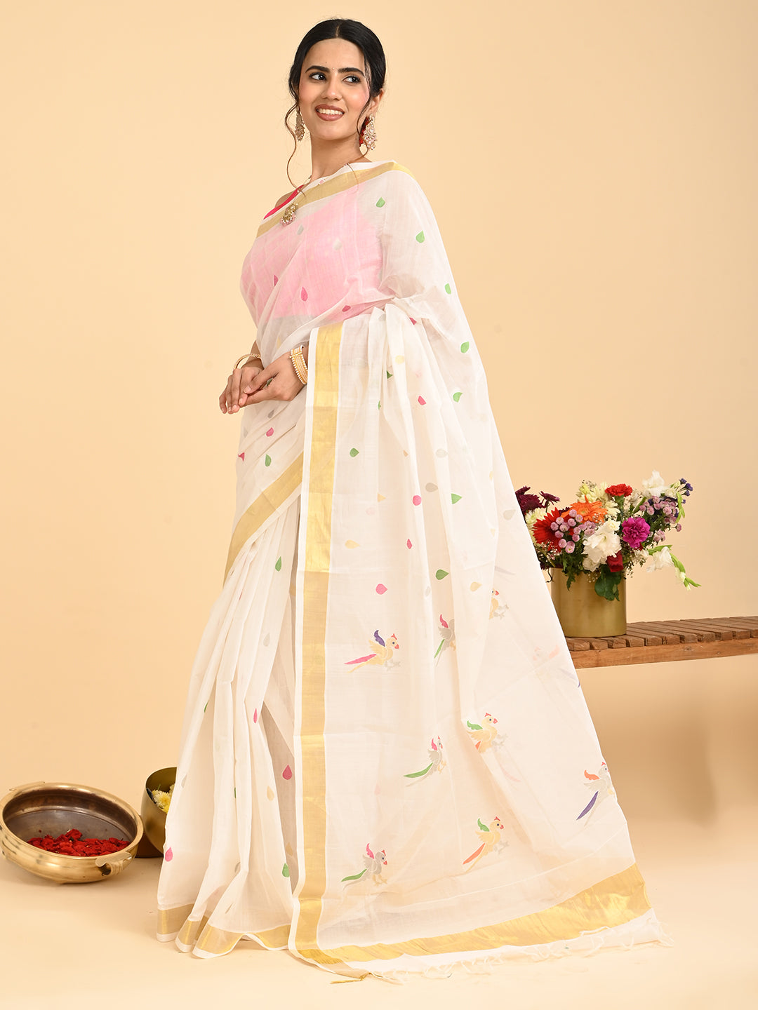 Popat White Venkatagiri Saree