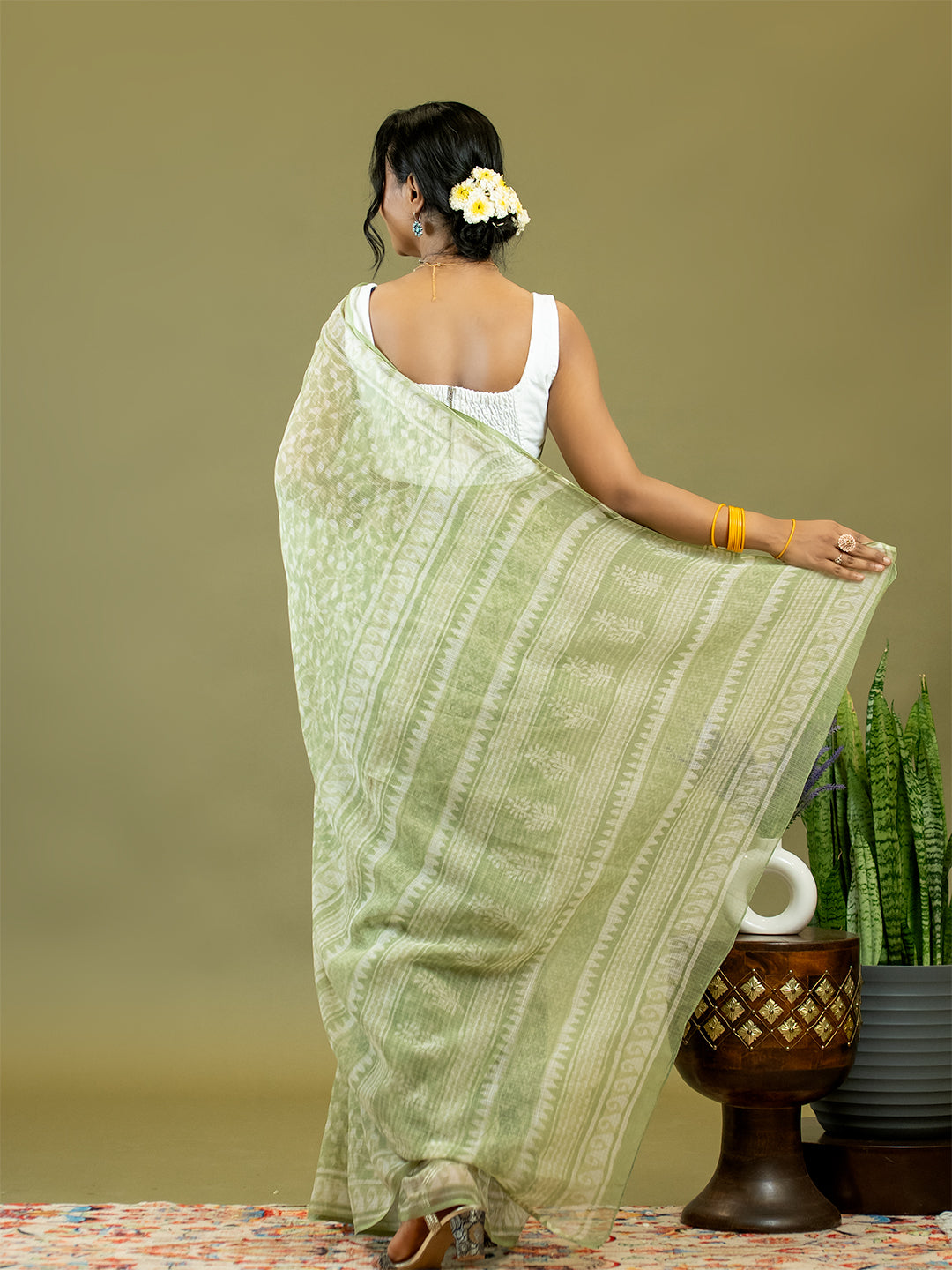 Vistaar Lime Green Dabu Saree