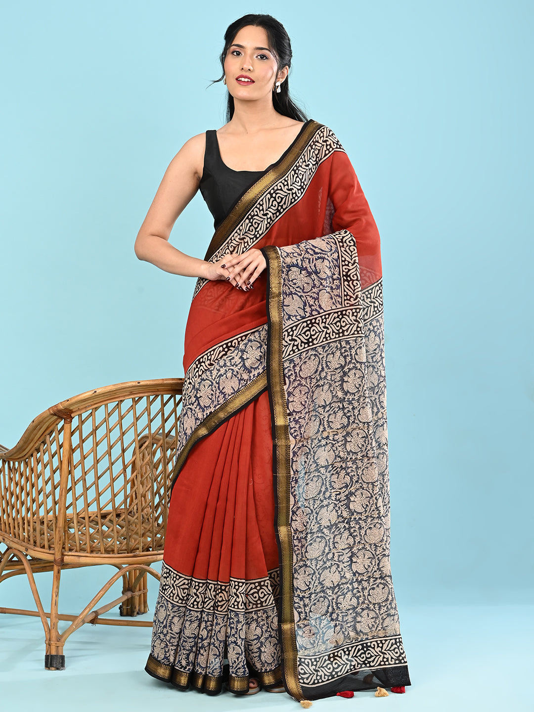 Pushpavali Maroon Block Print Saree