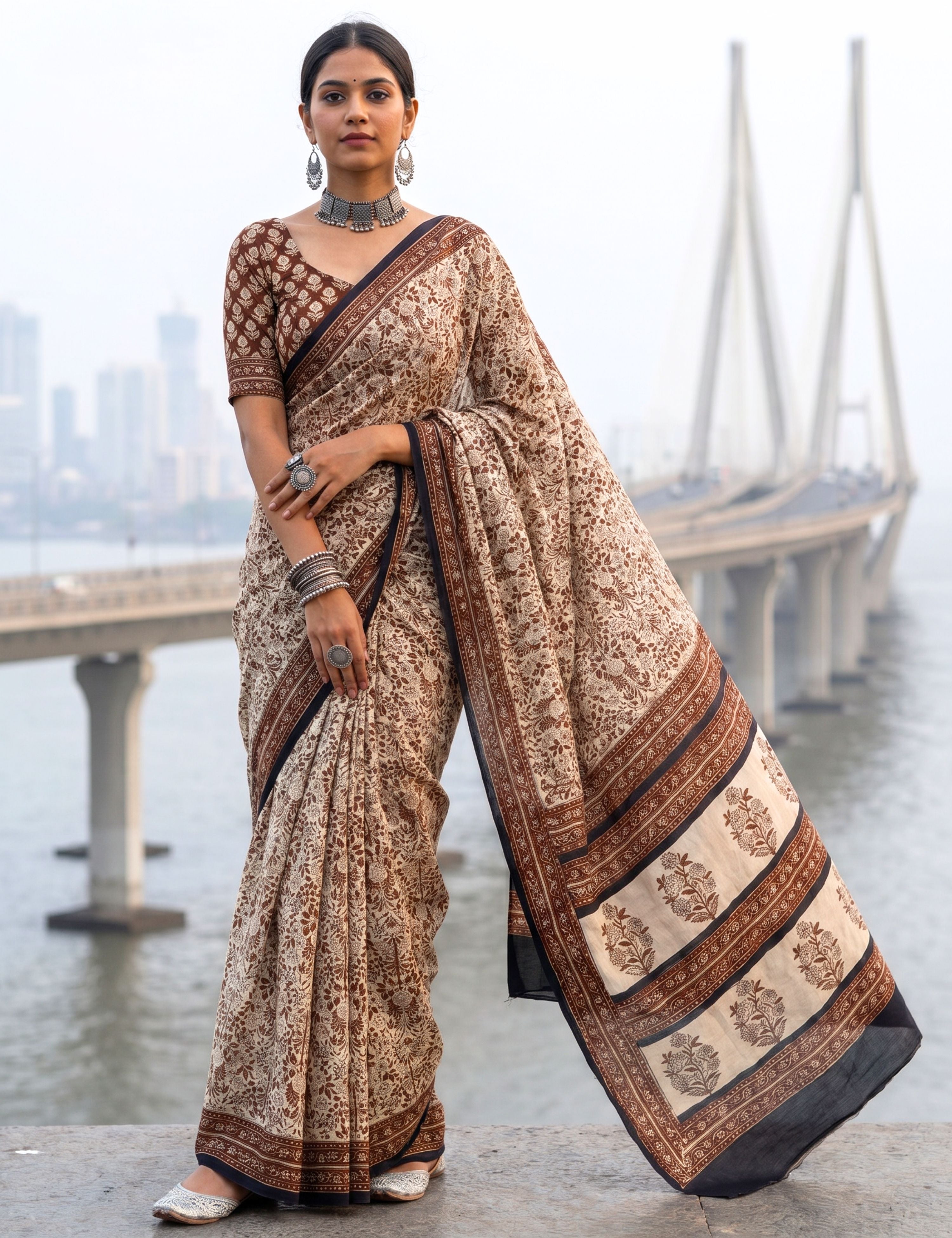 Indus Beige Bagru Saree