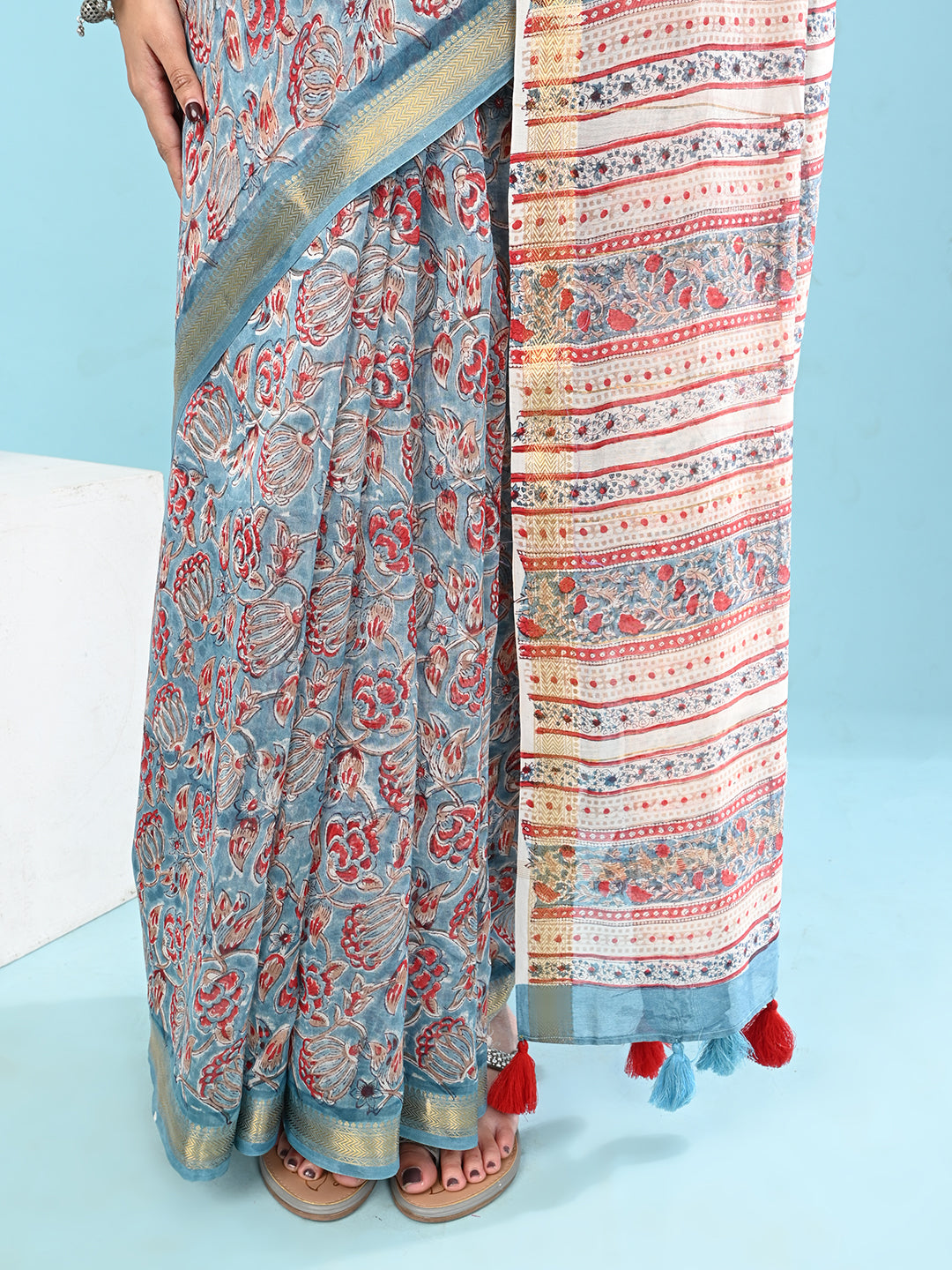 Marupushpa Blue Block Print Saree