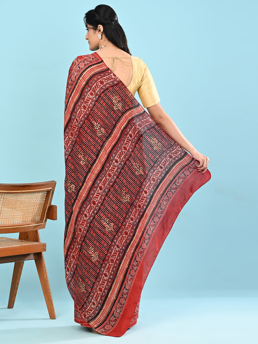 Sunheri Red Ajrakh Saree