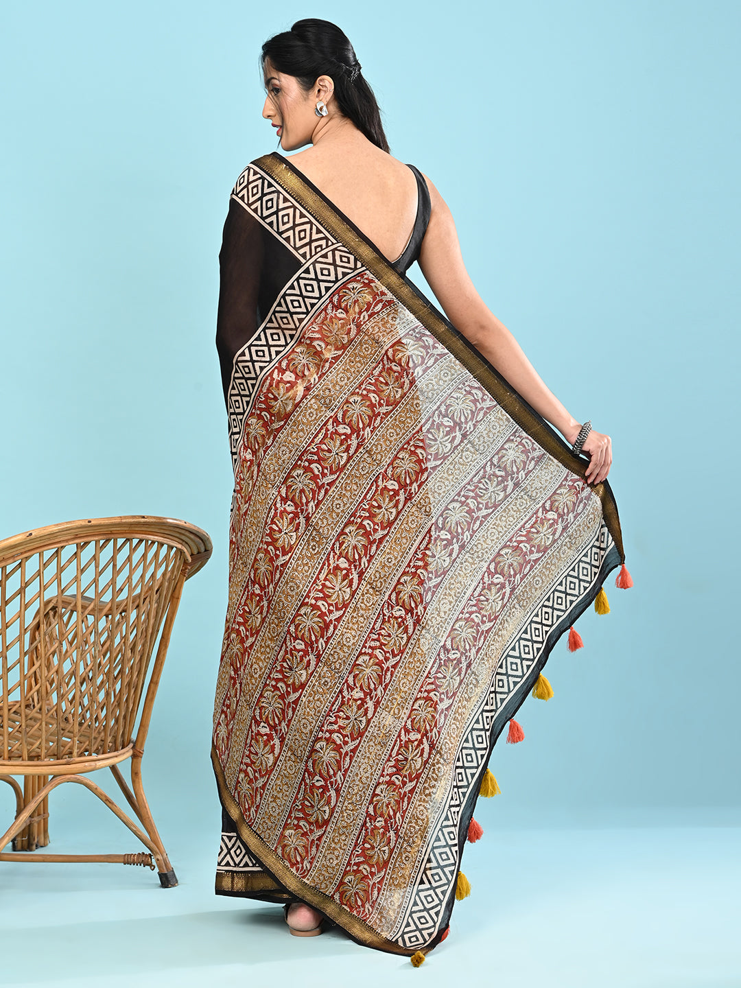 Pushpavali Black Block Print Saree