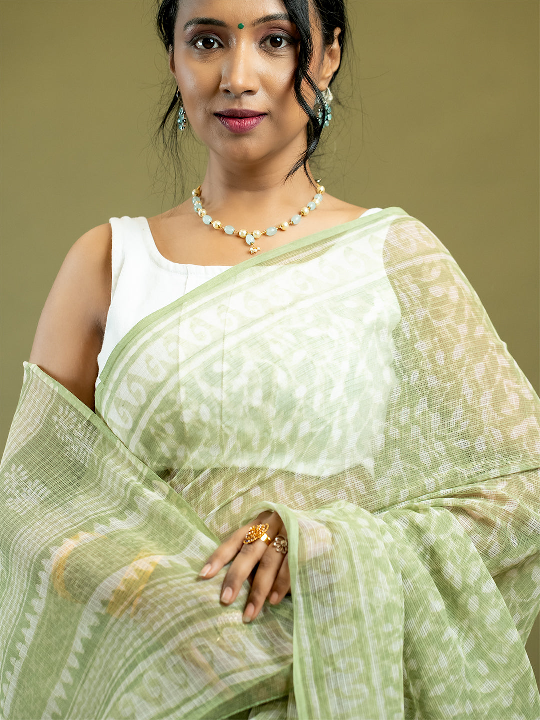 Vistaar Lime Green Dabu Saree