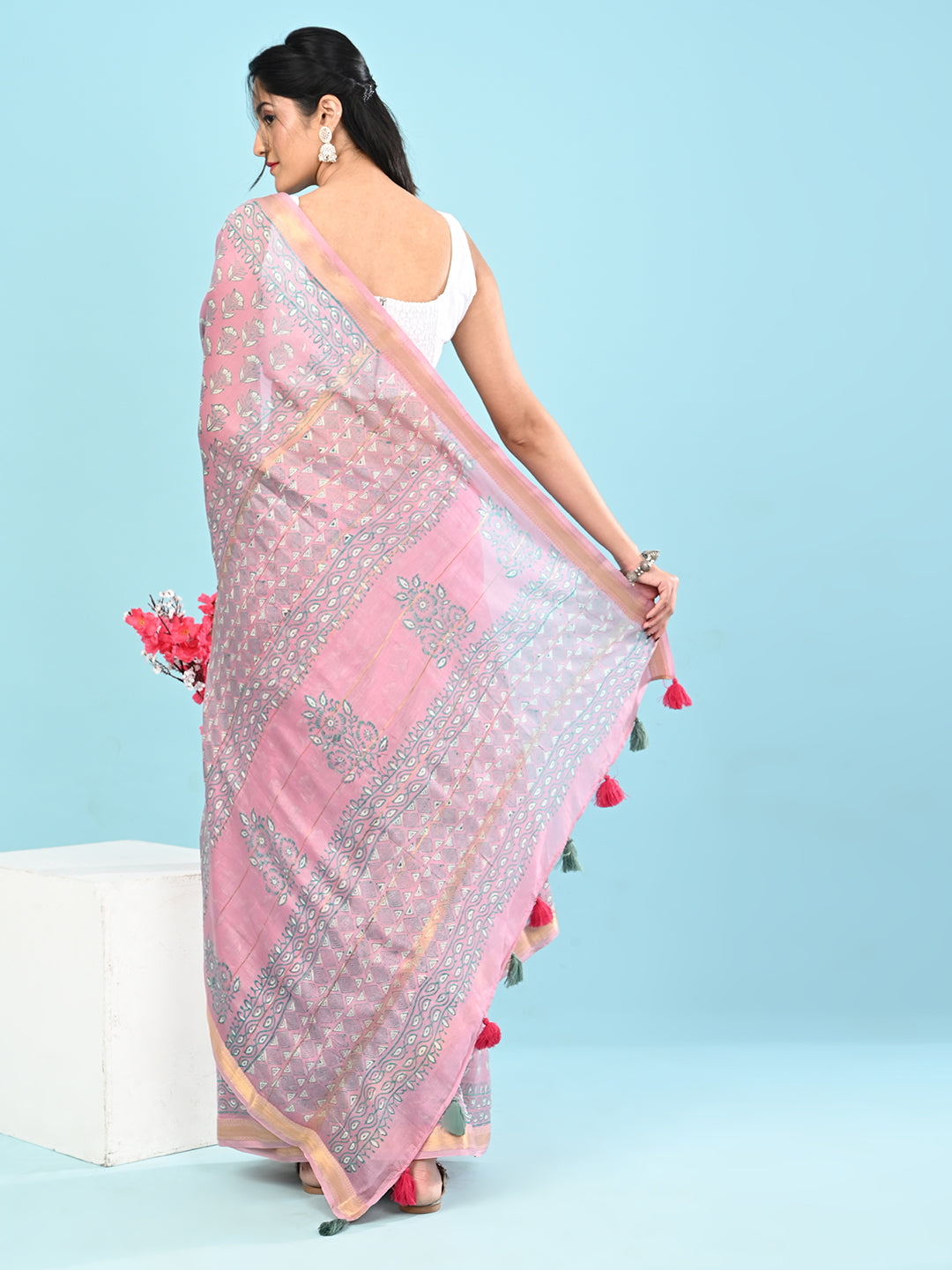 Marupushpa Pink Block Print Saree