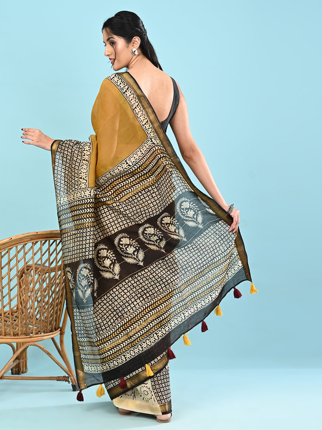 Pushpavali Yellow Block Print Saree