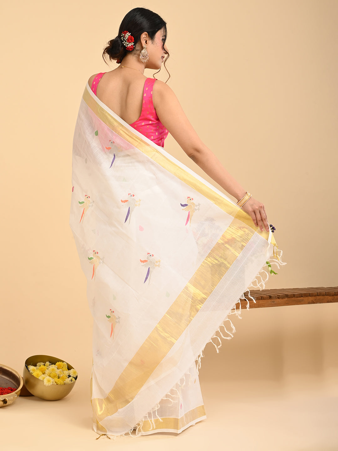 Popat White Venkatagiri Saree
