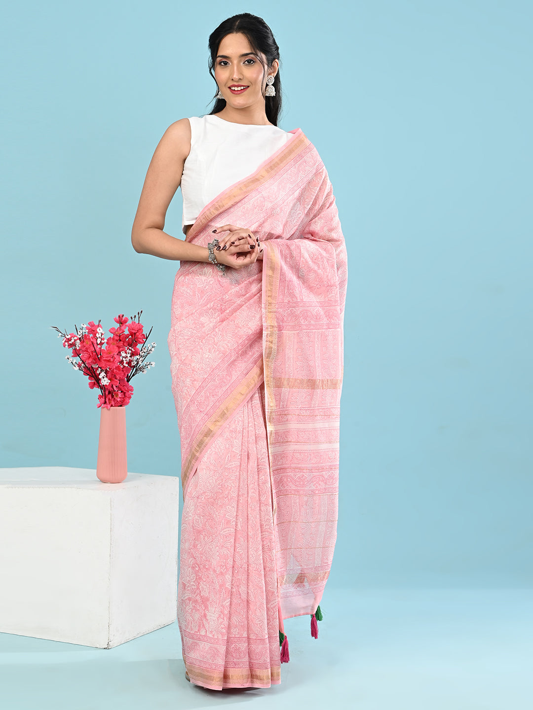 Marupushpa Pink Block Print Saree