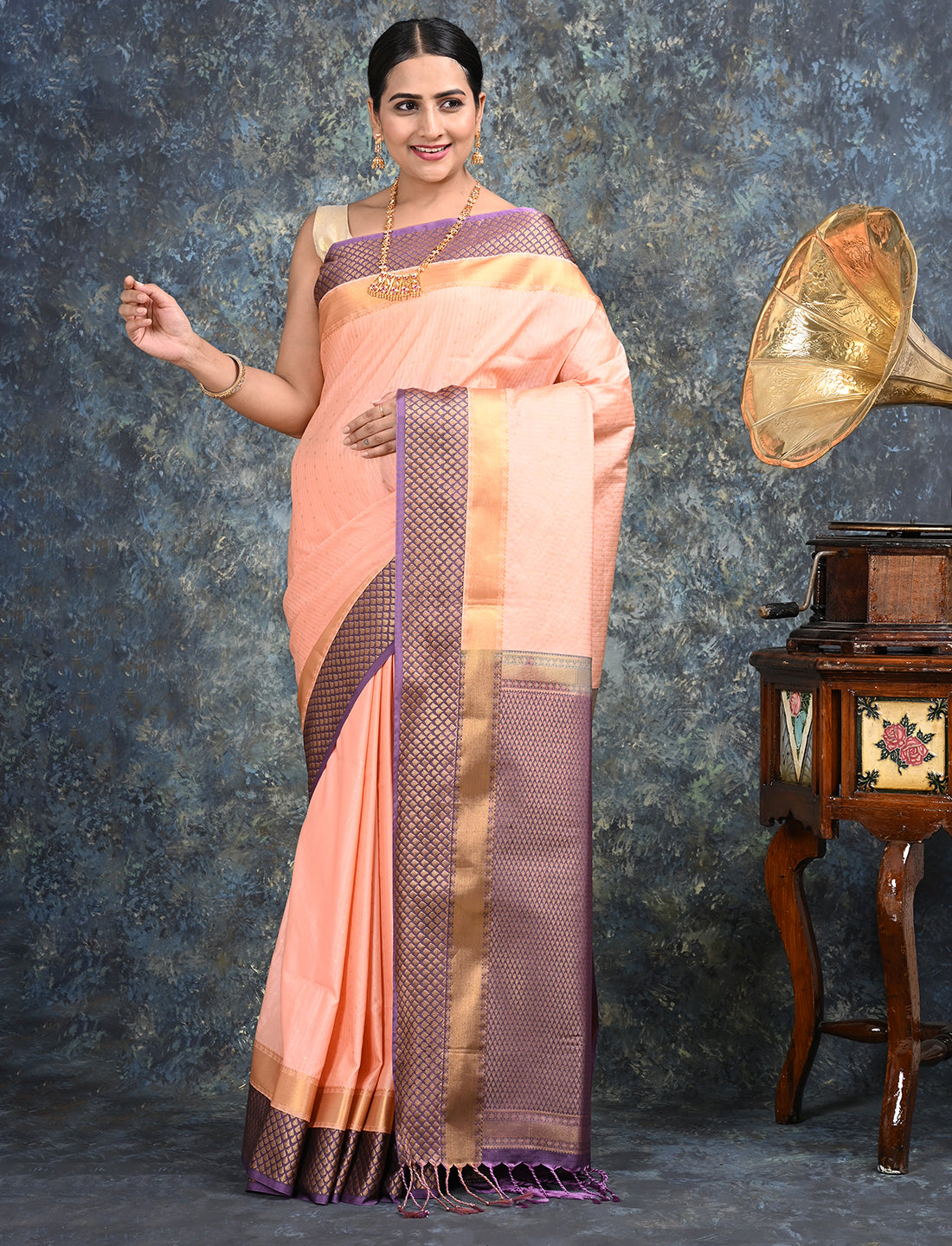 Sampada Peach Kanjeevaram Saree