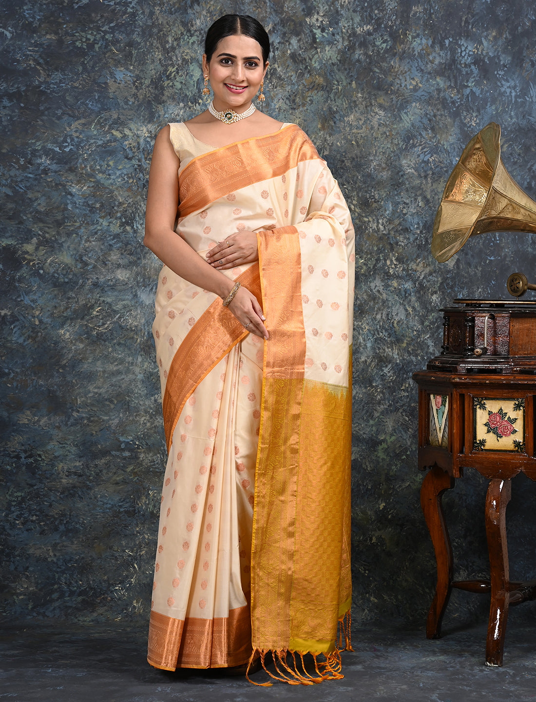 Moksha Off White Kanjeevaram Saree