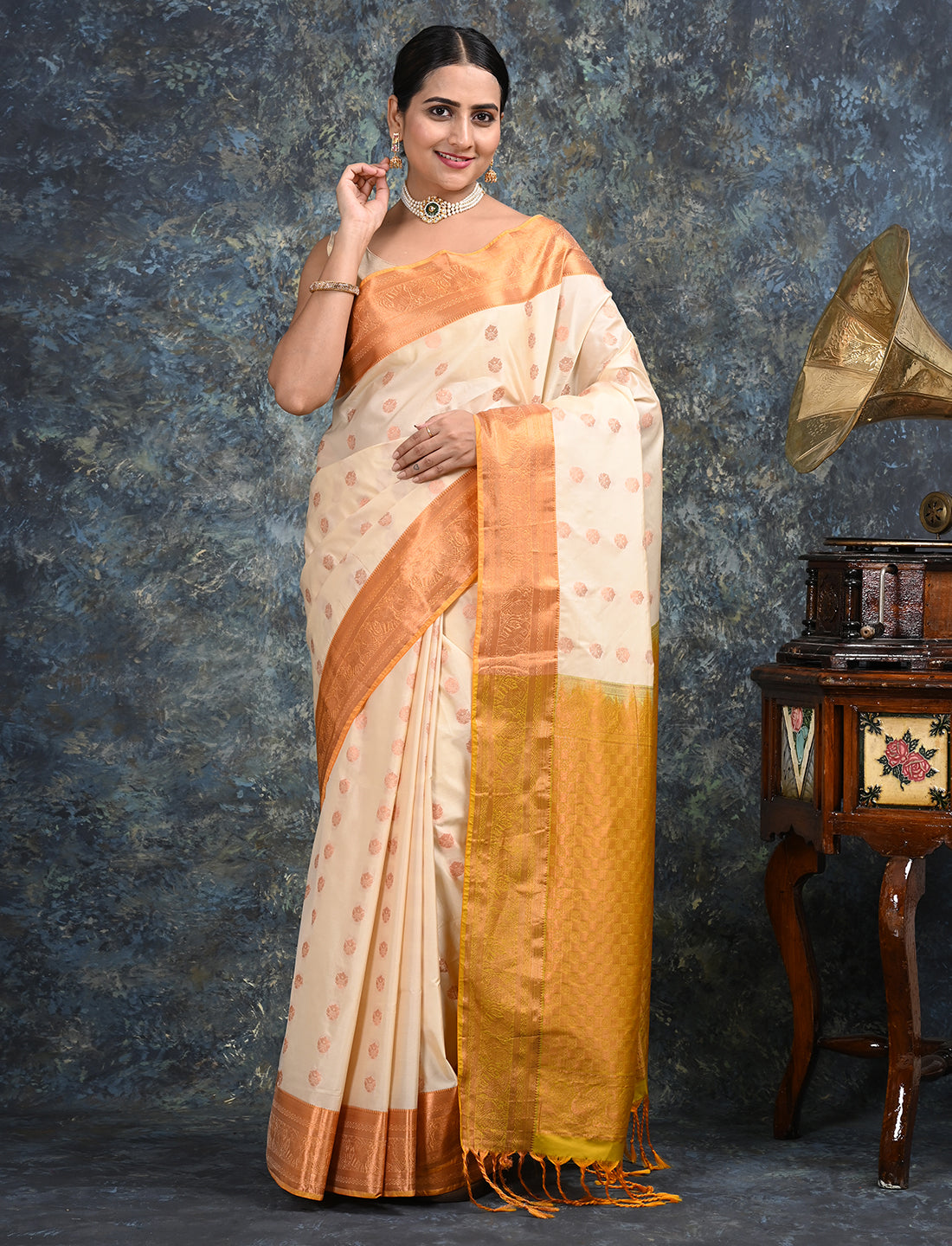 Moksha Off White Kanjeevaram Saree