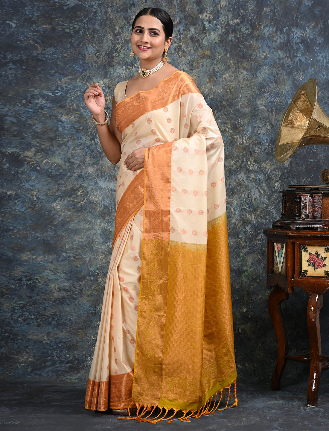 Moksha Off White Kanjeevaram Saree