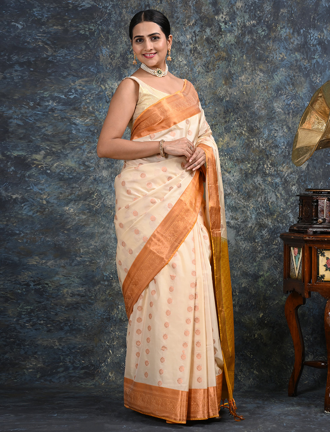 Moksha Off White Kanjeevaram Saree