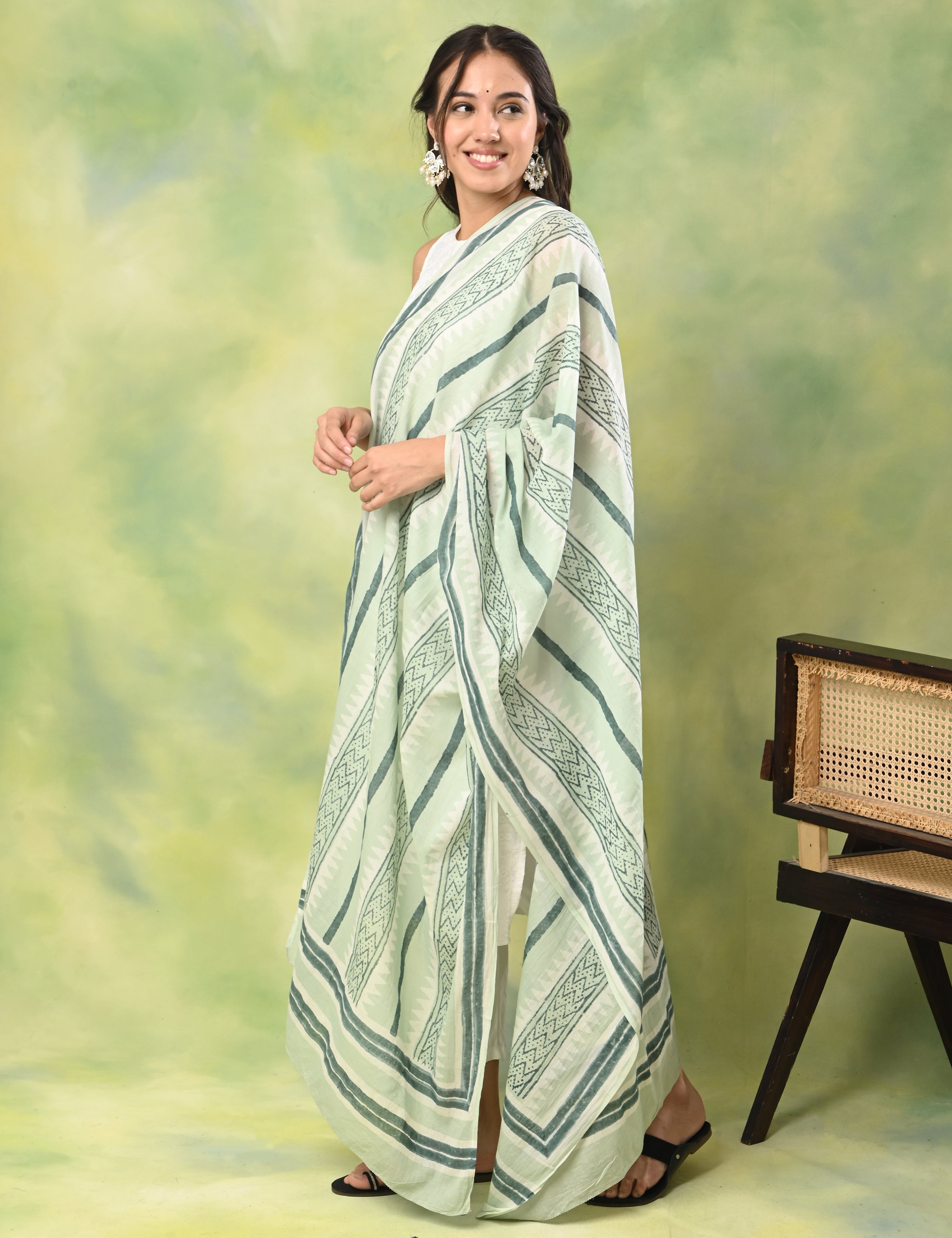 Patang Mint Block Print Dupatta