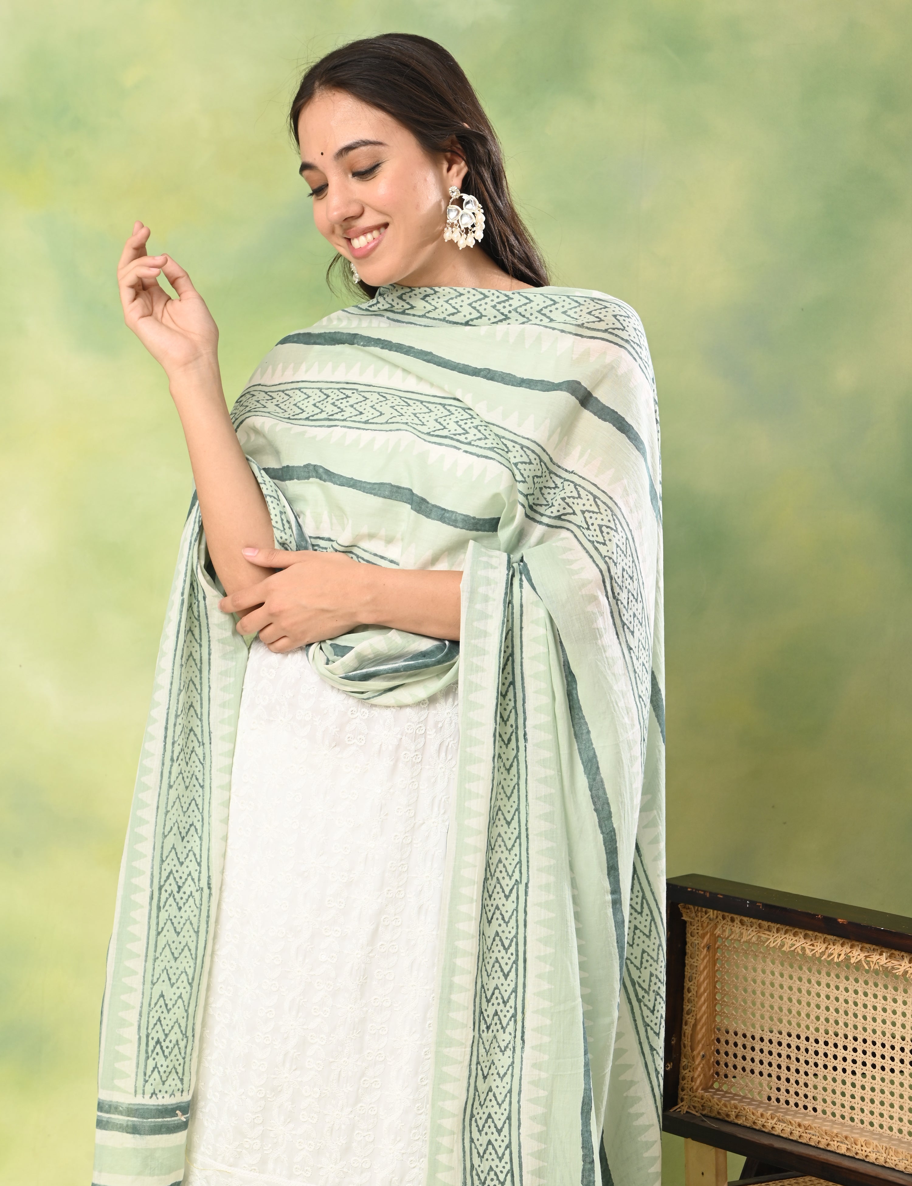 Patang Mint Block Print Dupatta