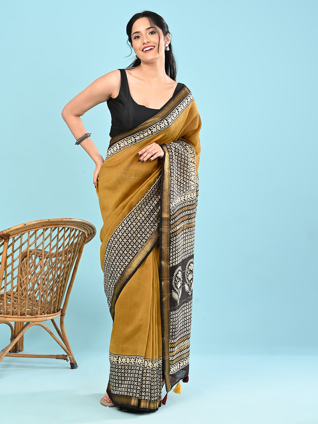 Pushpavali Yellow Block Print Saree
