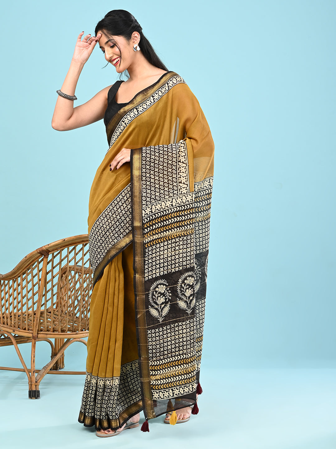 Pushpavali Yellow Block Print Saree