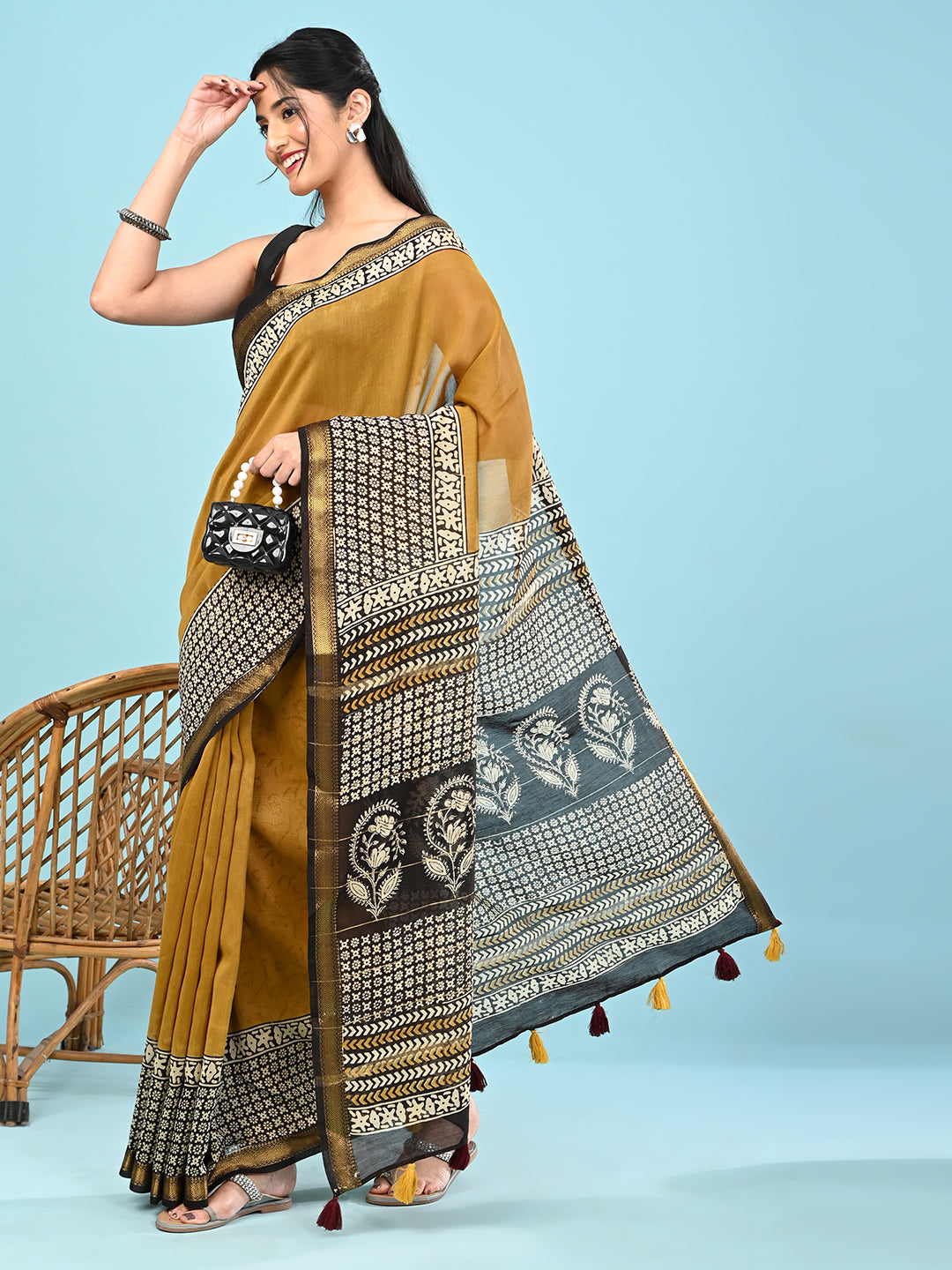 Pushpavali Yellow Block Print Saree