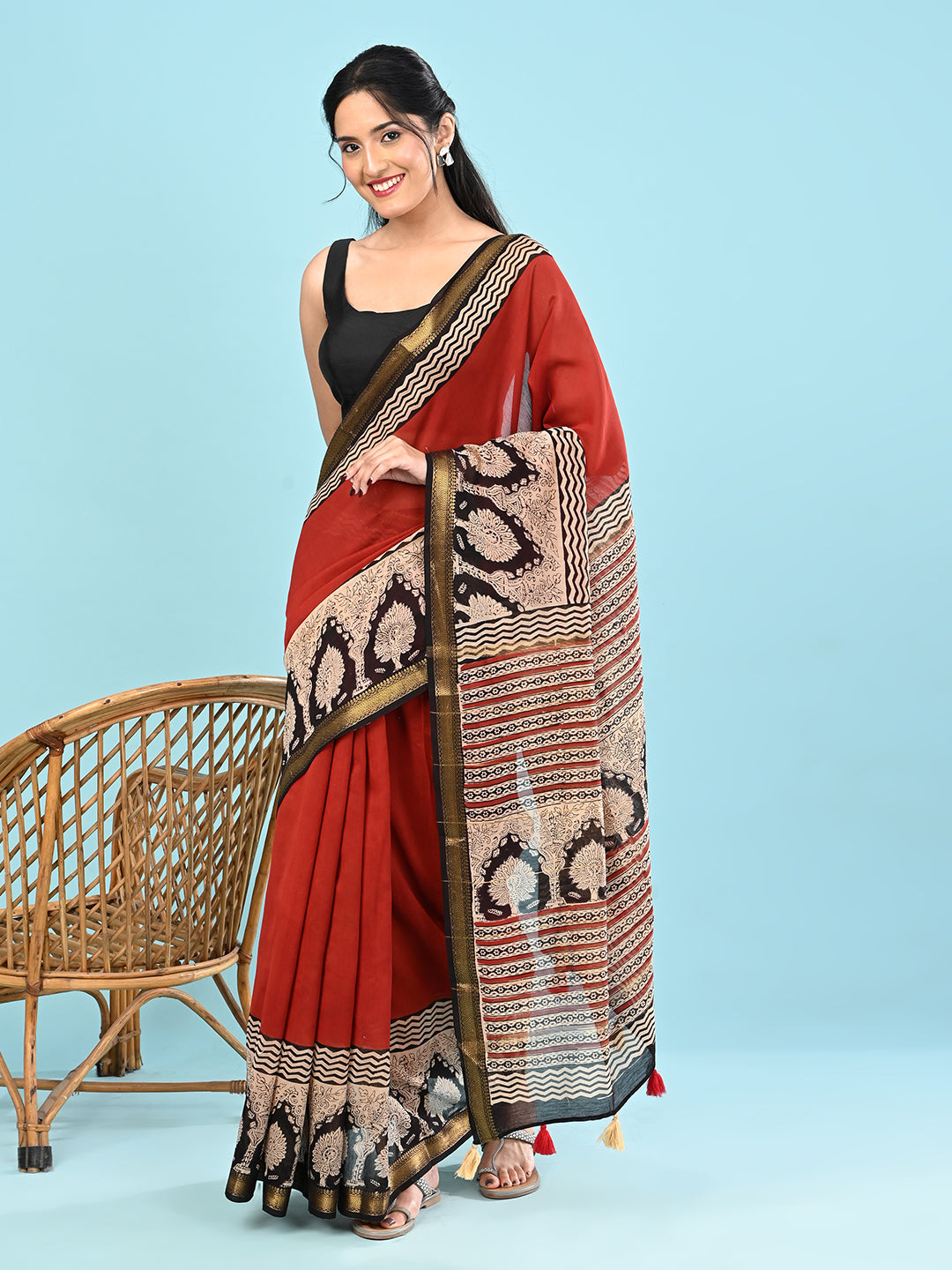 Pushpavali Red Block Print Saree