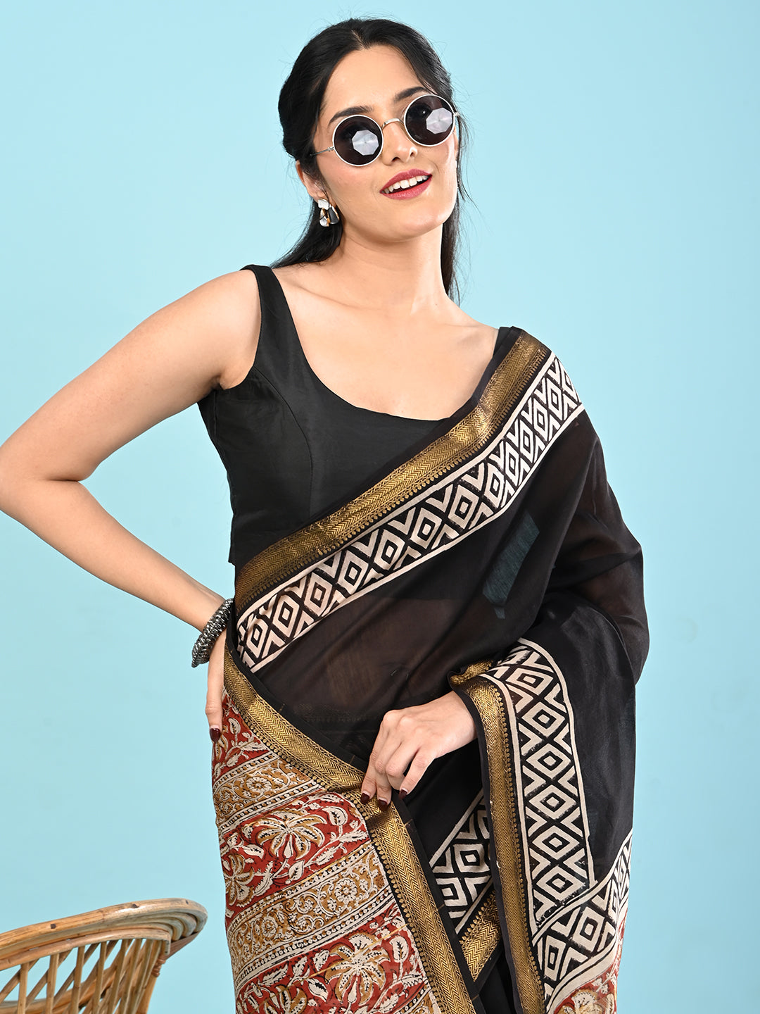 Pushpavali Black Block Print Saree