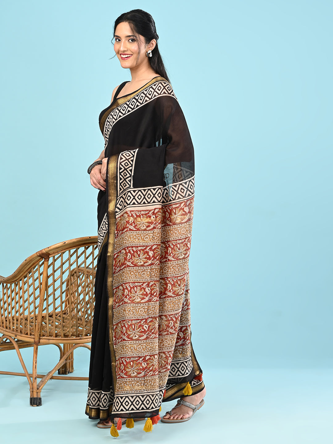Pushpavali Black Block Print Saree
