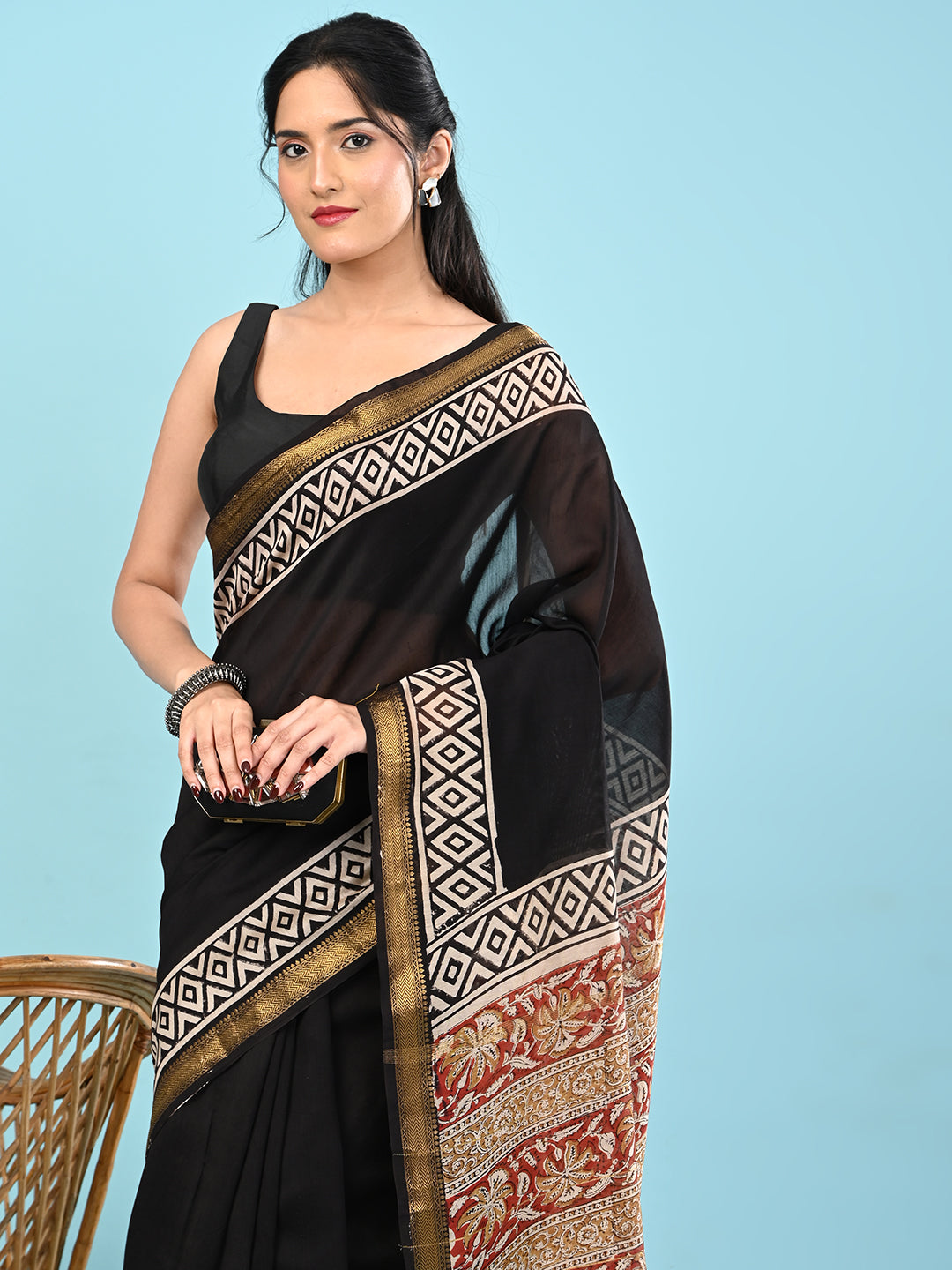 Pushpavali Black Block Print Saree