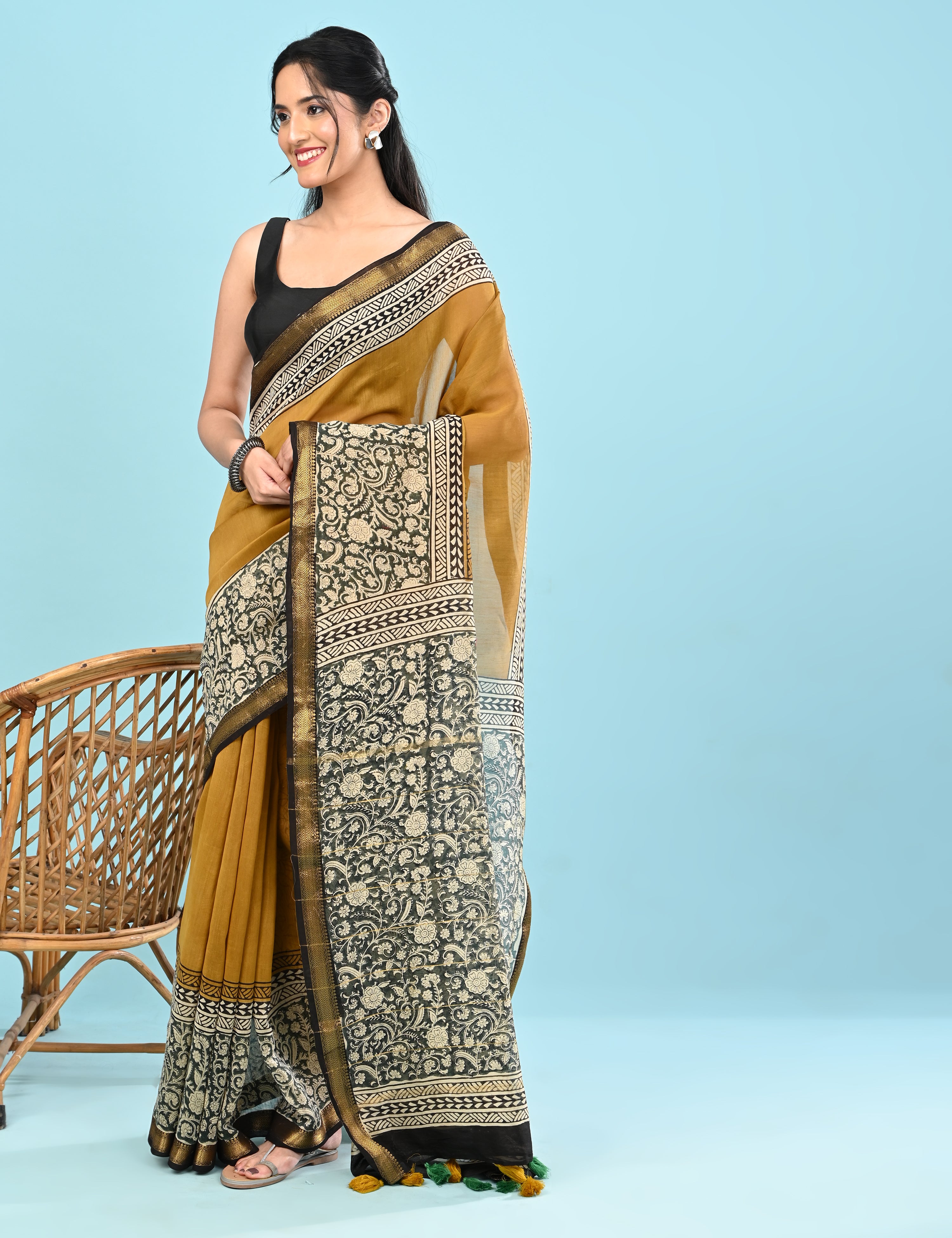 Pushpavali Mustard Block Print Saree