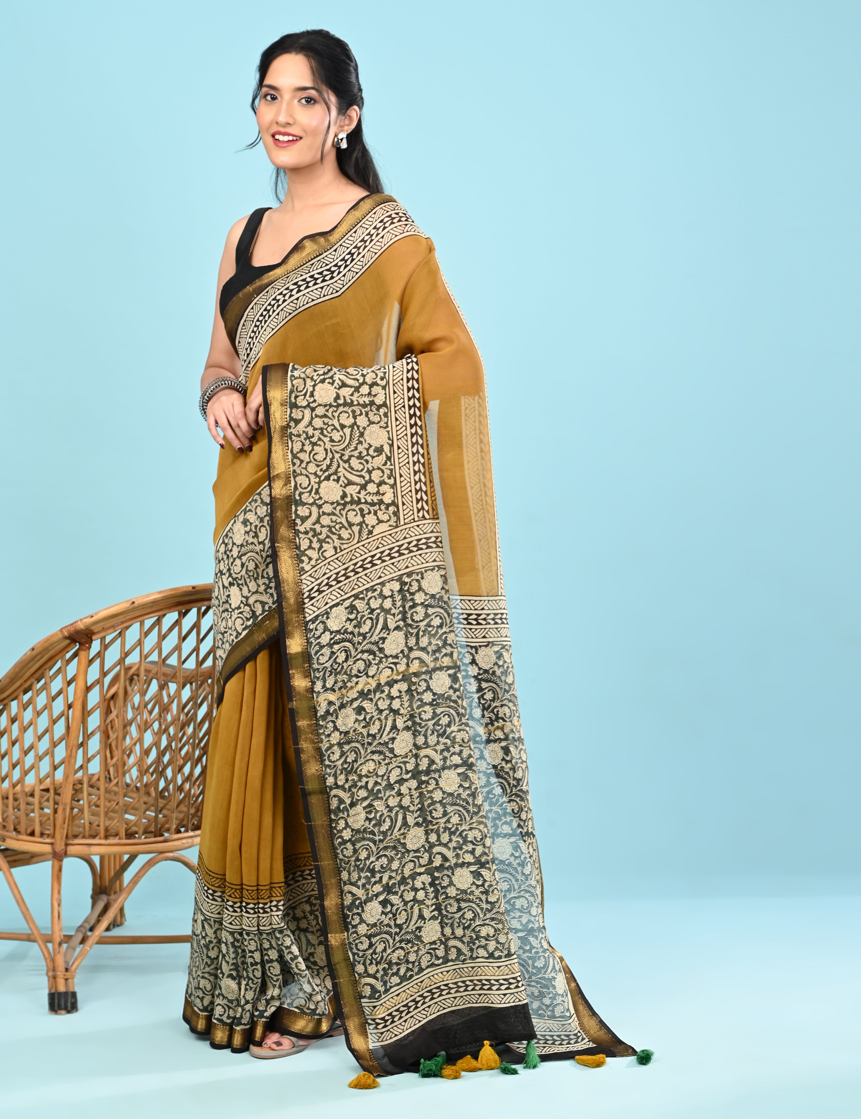Pushpavali Mustard Block Print Saree