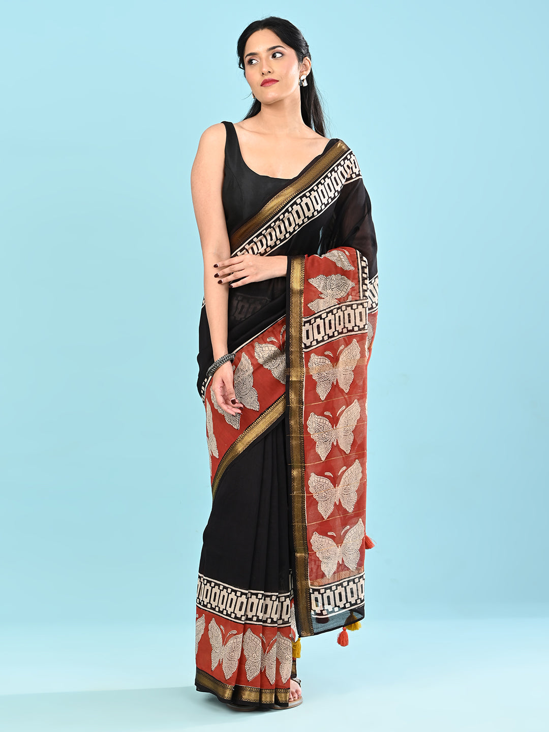 Pushpavali Black Block Print Saree